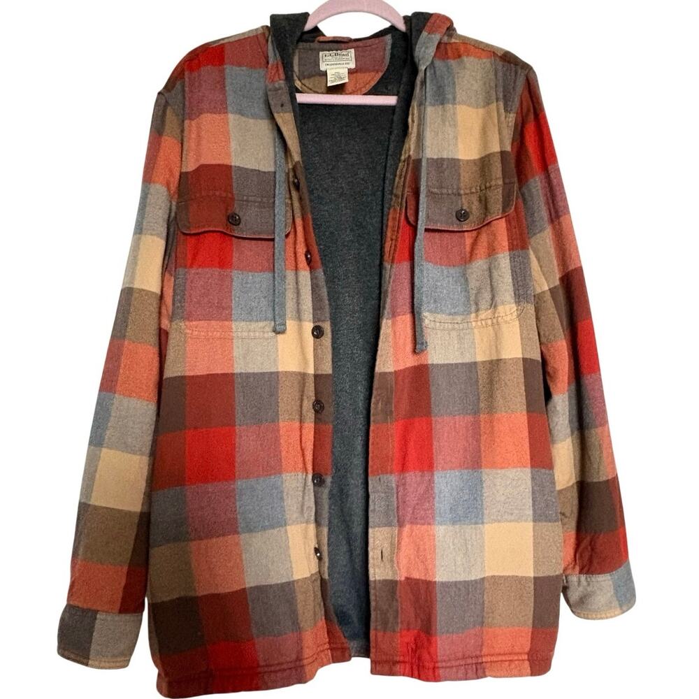 LL Bean Fleece Lined Flannel Hoodie Shirt Jacket Mens M Regular Plaid Gorpcore